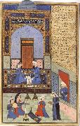Ali She Nawat Prince Bahram-i-Gor,dressed in blue,listen to the tale of the Princess of the Blue Pavilion oil painting